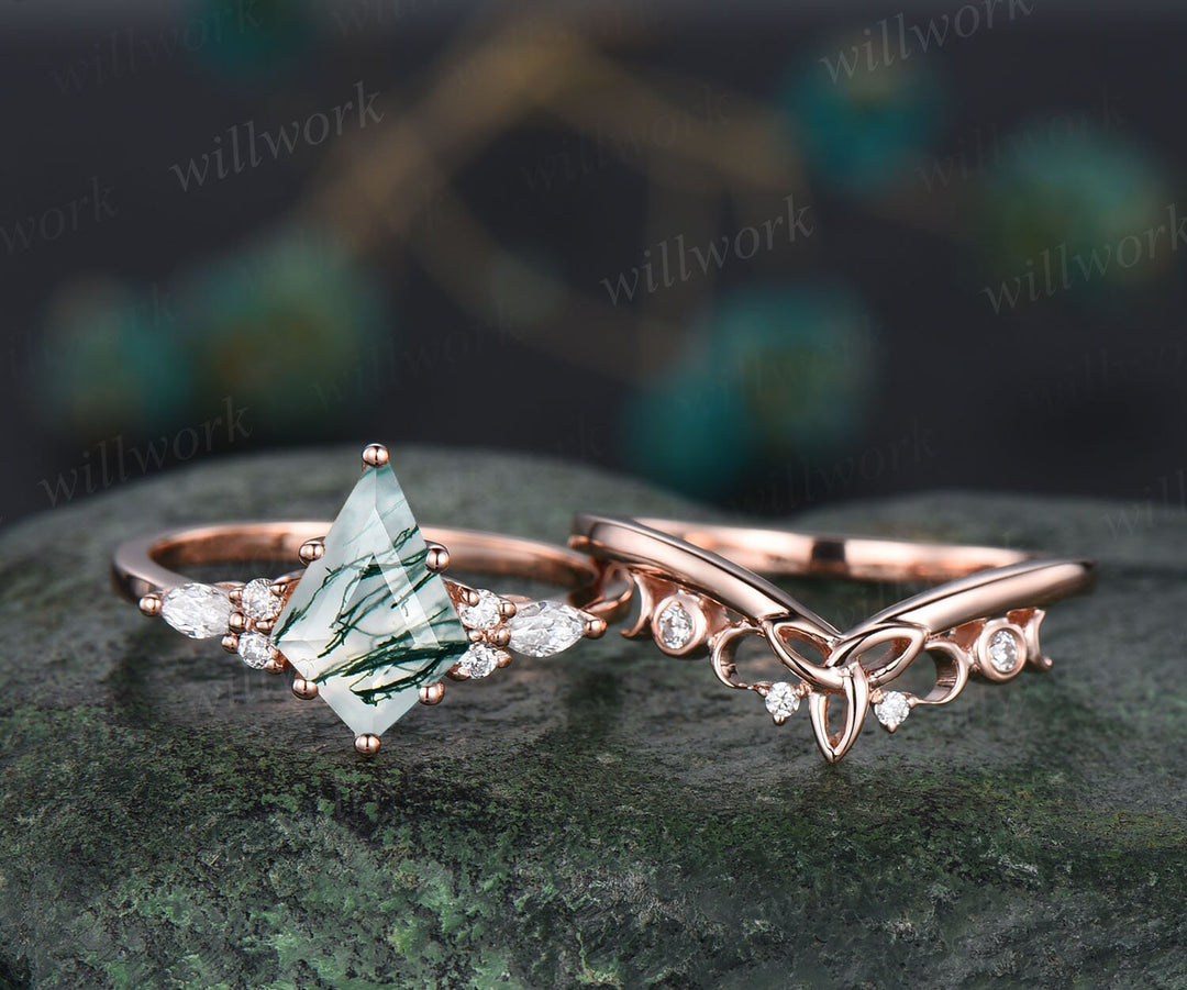 Kite cut green moss agate engagement ring set 14k rose gold marquise unique engagement ring for women diamond promise wedding ring set gifts