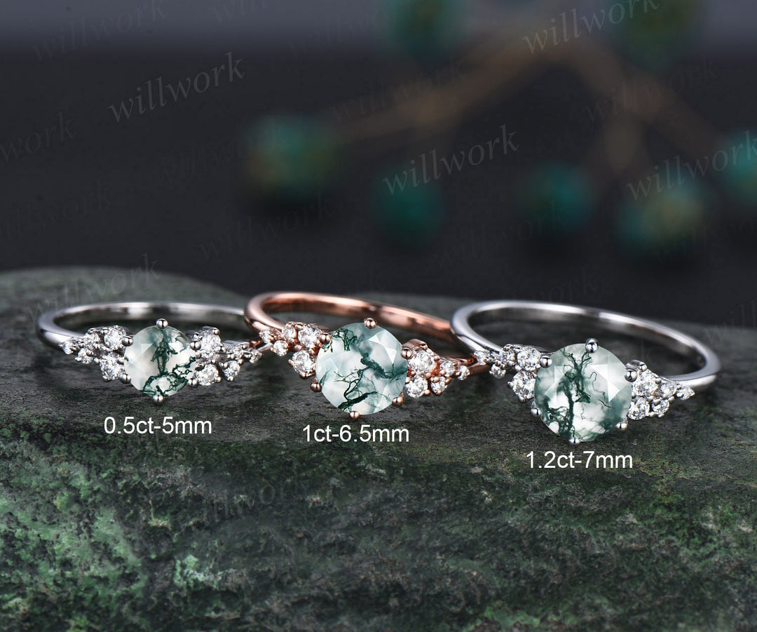 2ct Round moss agate ring vintage moss agate engagement ring white gold cluster unique snowdrift engagement ring diamond ring for women gift