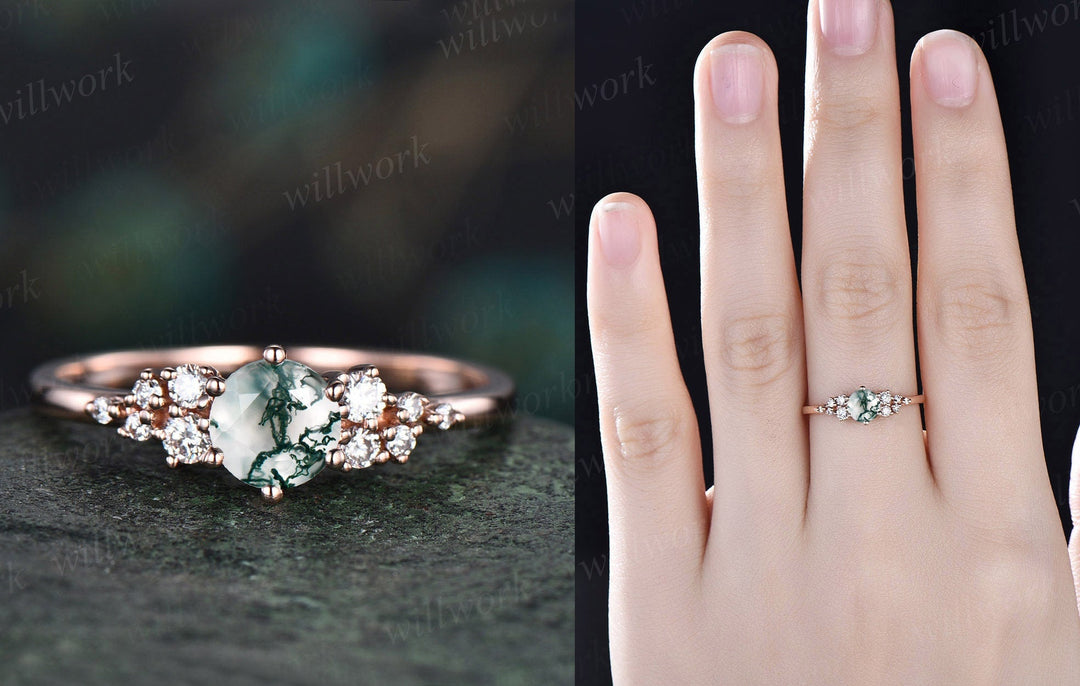2ct Round moss agate ring vintage moss agate engagement ring white gold cluster unique snowdrift engagement ring diamond ring for women gift