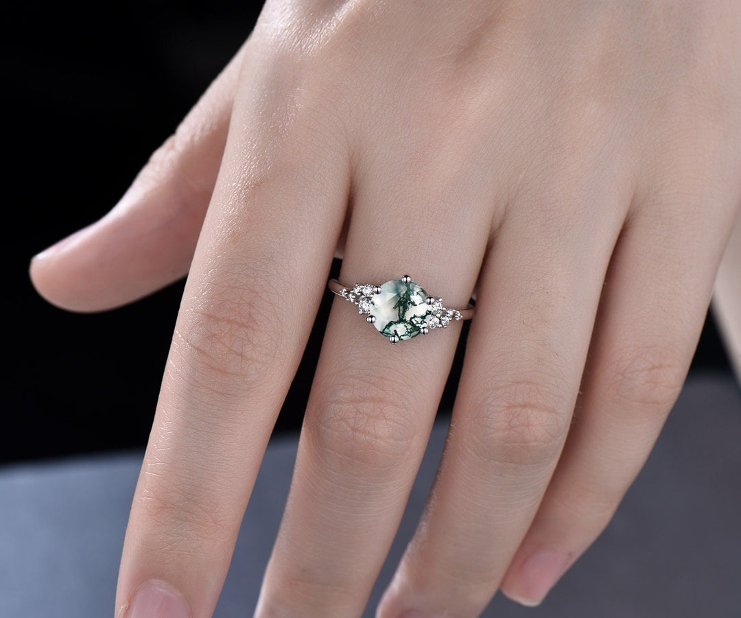 2ct Round moss agate ring vintage moss agate engagement ring white gold cluster unique snowdrift engagement ring diamond ring for women gift