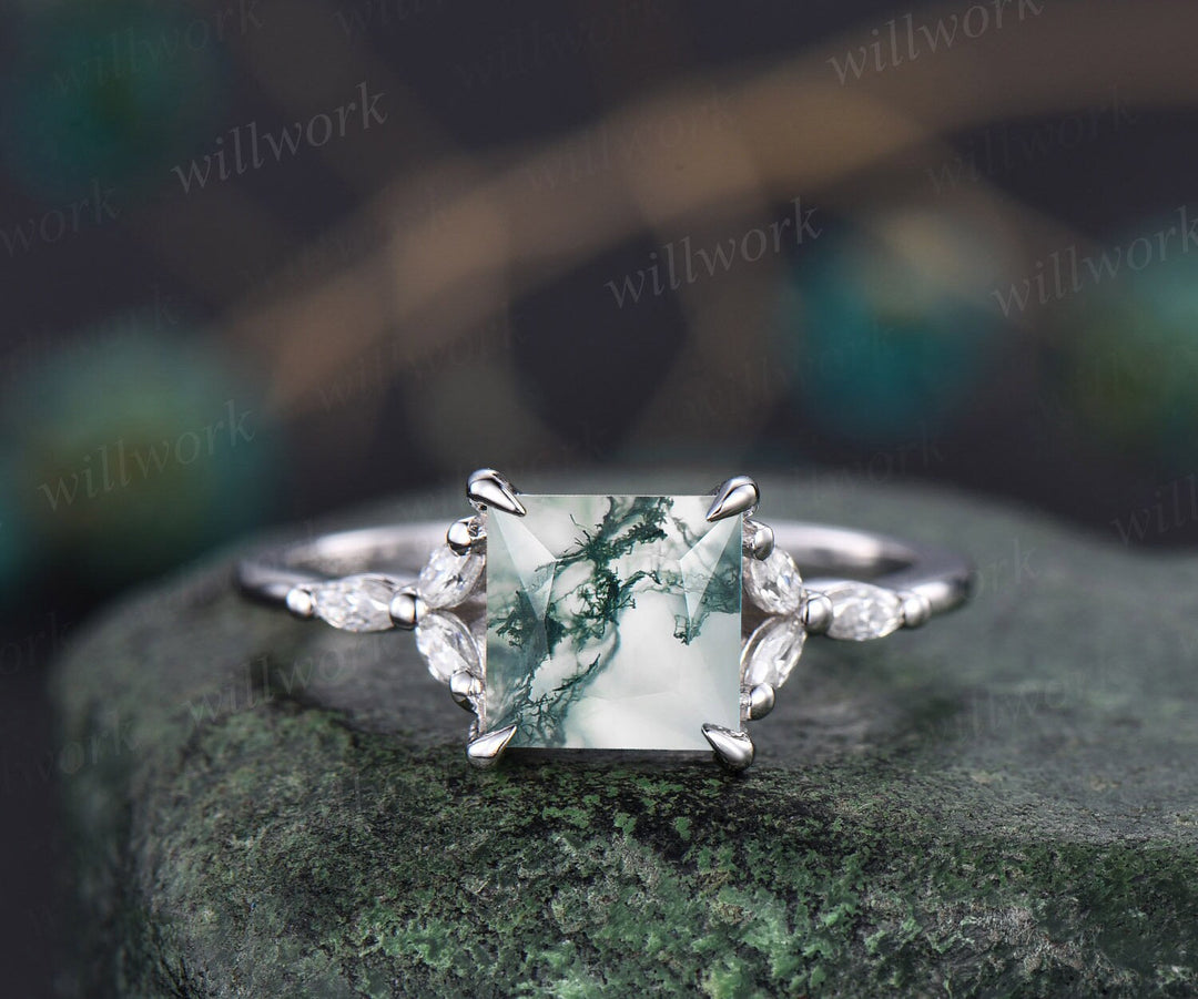 2ct Princess cut moss agate ring rose gold vintage green moss agate engagement ring cluster art deco diamond ring promise wedding ring women