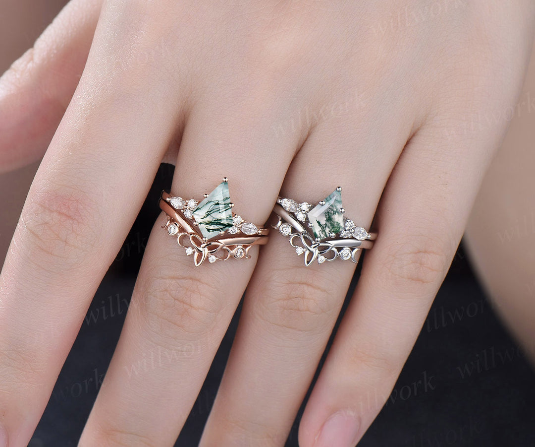 Kite cut green moss agate engagement ring set 14k rose gold marquise unique engagement ring for women diamond promise wedding ring set gifts