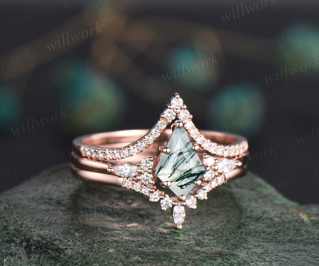 READY TO SHIP: 3pcs Kite Moss Agate Engagement Ring Set -- Sterling Silver -- Ring Size: 6.5 US