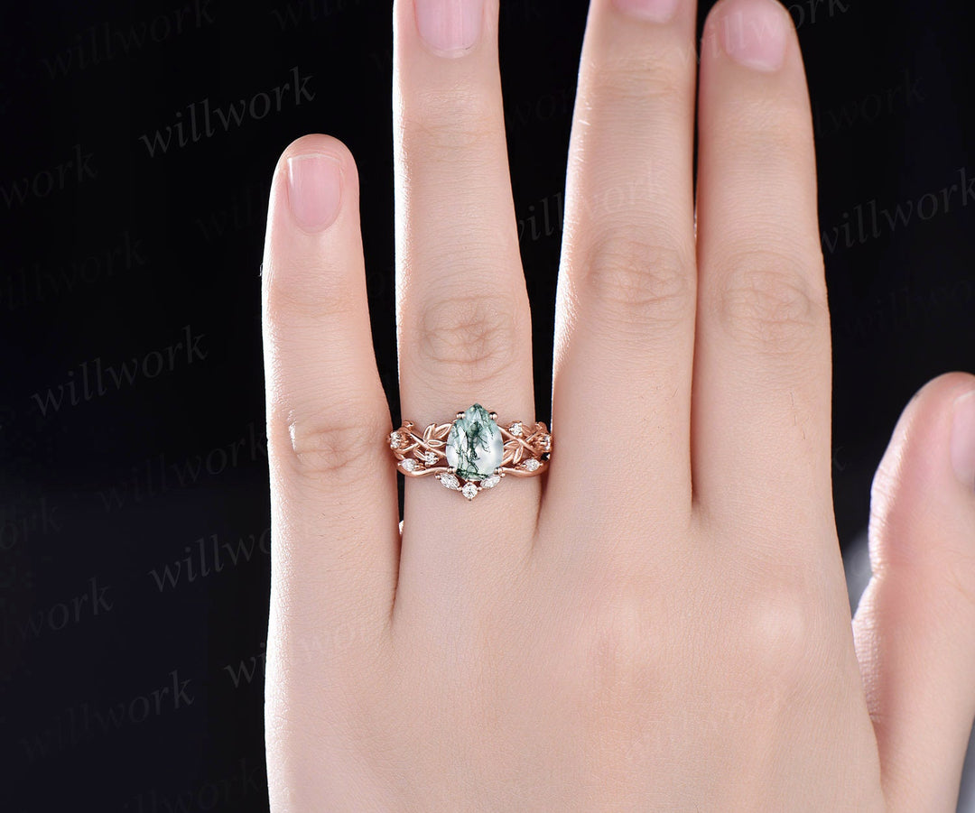 Twig pear shaped moss agate engagement ring set rose gold five stone leaf branch Nature inspired ring diamond wedding ring set women jewelry