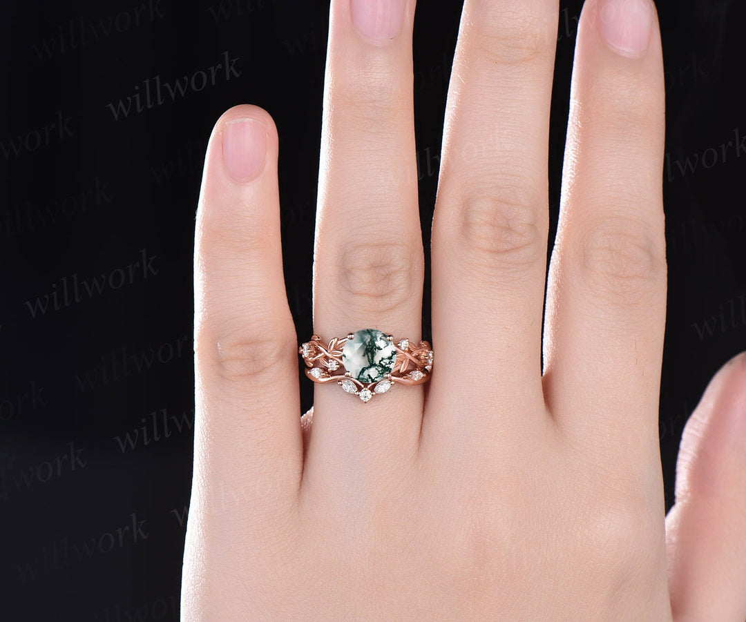 2ct Twig round cut green moss agate engagement ring set 14k rose gold five stone leaf branch Nature inspired diamond wedding ring set women