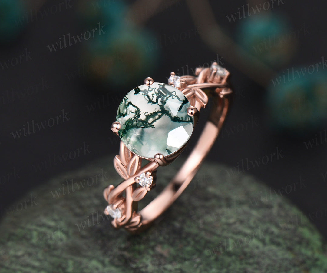 2ct Twig round cut green moss agate engagement ring set 14k rose gold five stone leaf branch Nature inspired diamond wedding ring set women