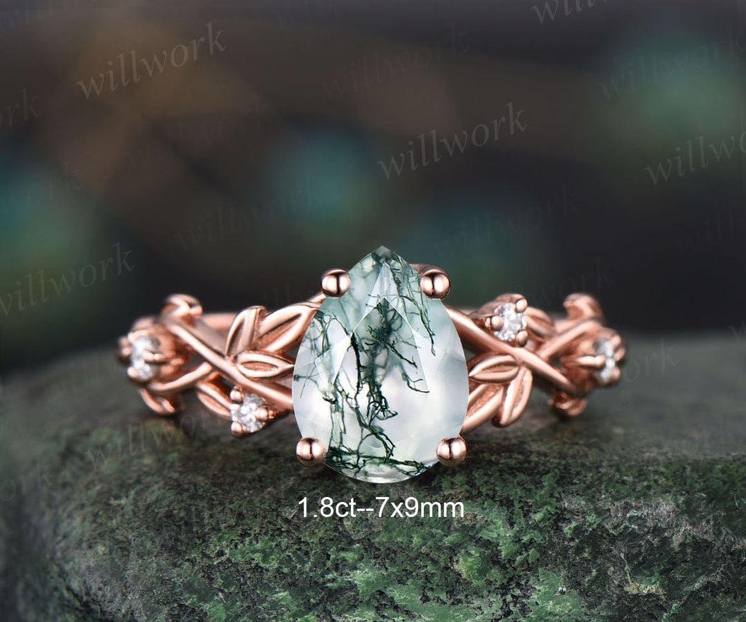 Twig pear shaped moss agate engagement ring set rose gold five stone leaf branch Nature inspired ring diamond wedding ring set women jewelry