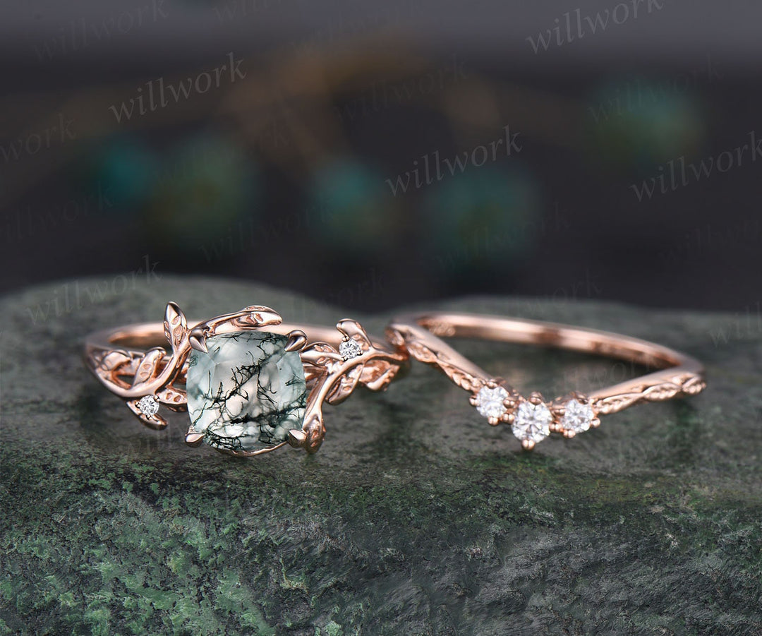 Twig cushion cut green moss agate engagement ring set leaf branch rose gold three stone diamond unique nature inspired wedding ring women