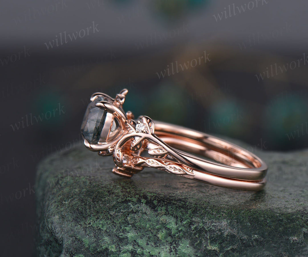 Twig cushion cut green moss agate engagement ring set leaf branch rose gold three stone diamond unique nature inspired wedding ring women