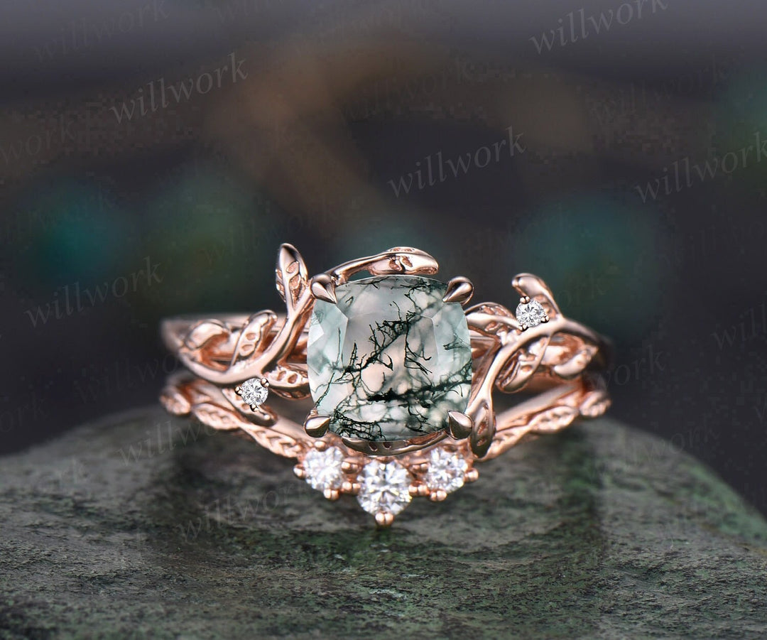 Twig cushion cut green moss agate engagement ring set leaf branch rose gold three stone diamond unique nature inspired wedding ring women