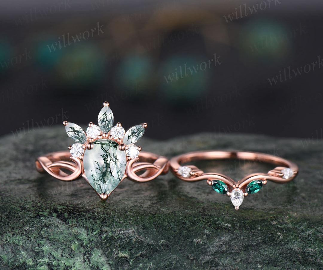 Vintage pear shaped green moss agate engagement ring set art deco crown cluster moissanite rose gold ring unique anniversary ring women gift