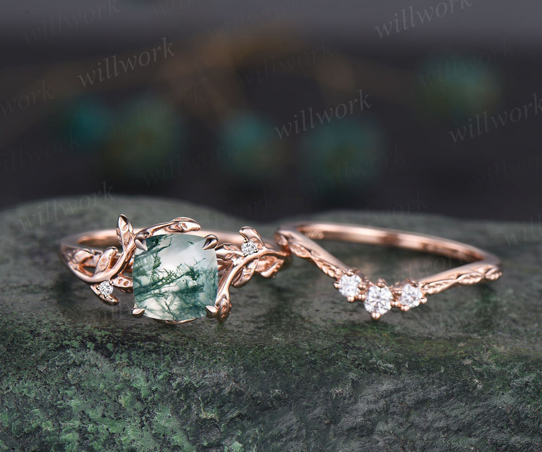 Twig cushion cut green moss agate engagement ring set leaf branch rose gold three stone diamond unique nature inspired wedding ring women