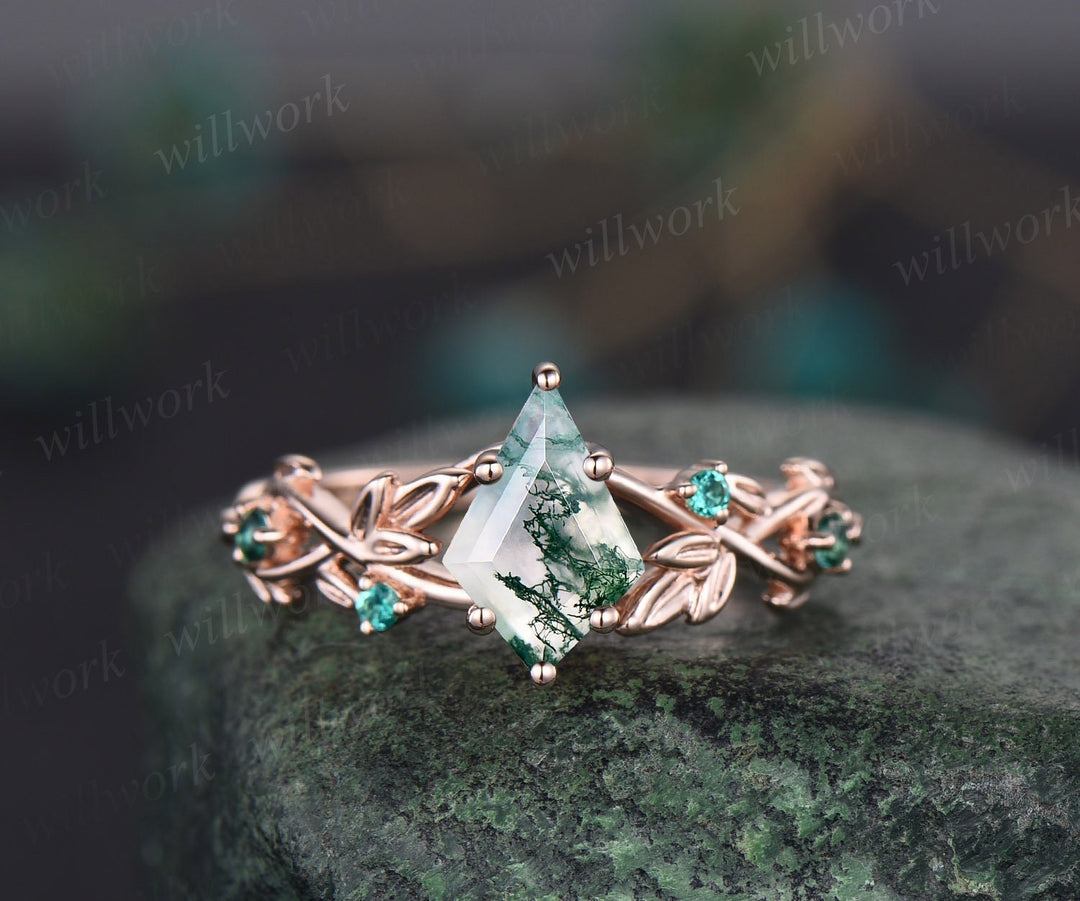 Twig moss agate ring vintage kite cut moss agate engagement ring nature inspired white gold ring leaf emerald ring women unique wedding ring