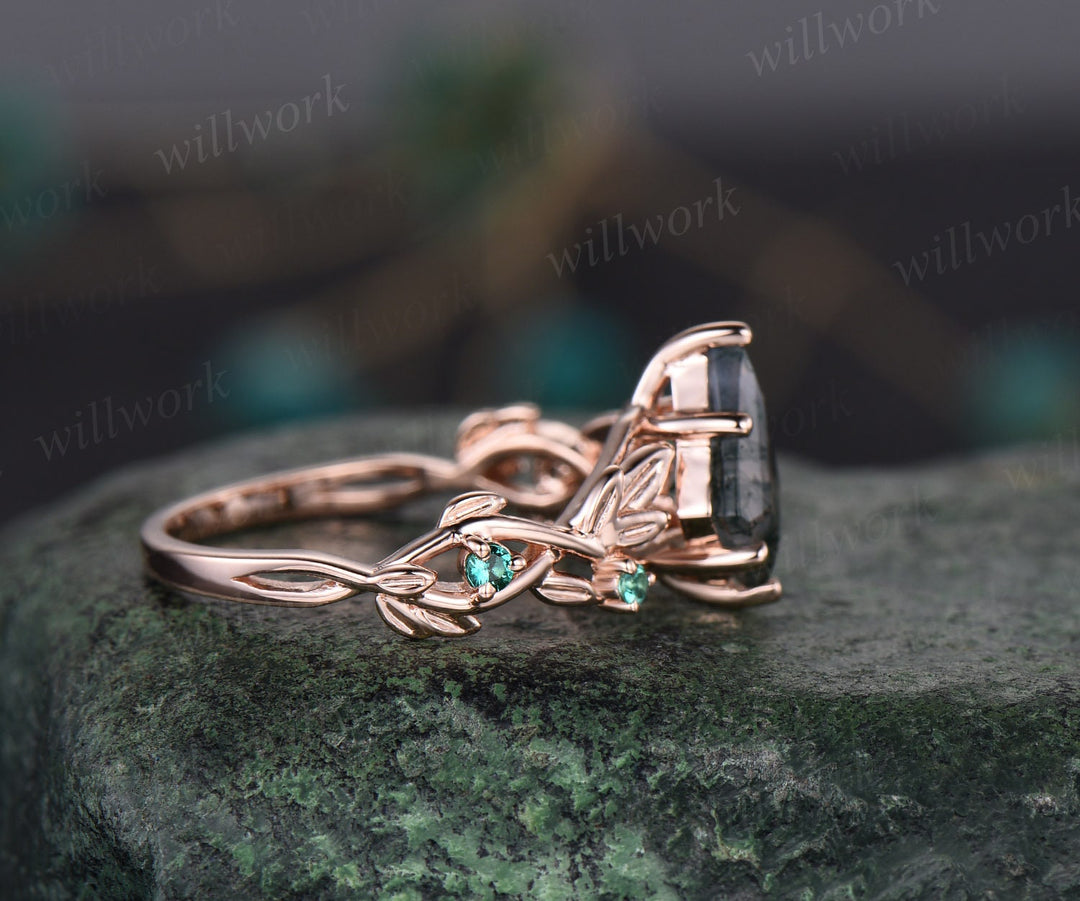 Twig moss agate ring vintage kite cut moss agate engagement ring nature inspired rose gold ring leaf emerald ring women unique wedding ring