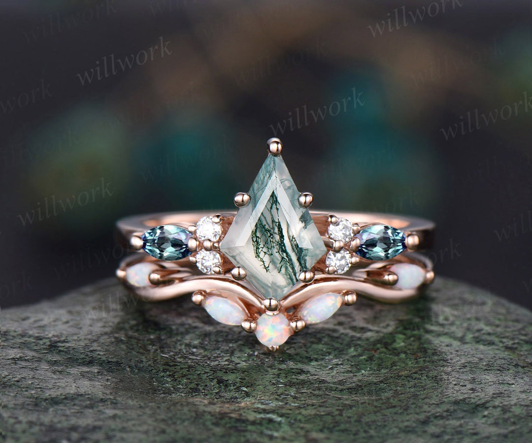 Kite cut green moss agate engagement ring 14k rose gold marquise cut ring diamond opal ring women unique anniversary ring set jewelry gift