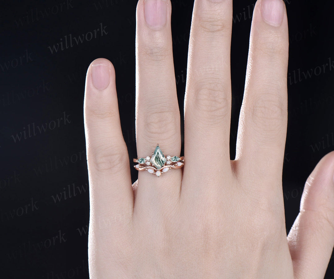 Kite cut green moss agate engagement ring 14k rose gold marquise cut ring diamond opal ring women unique anniversary ring set jewelry gift