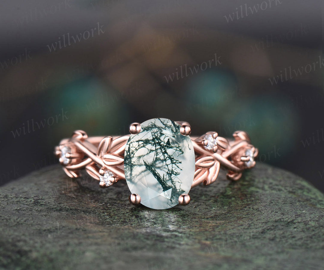 2ct Twig oval cut moss agate engagement ring set 14k rose gold five stone leaf branch Nature inspired ring diamond bridal ring set for women