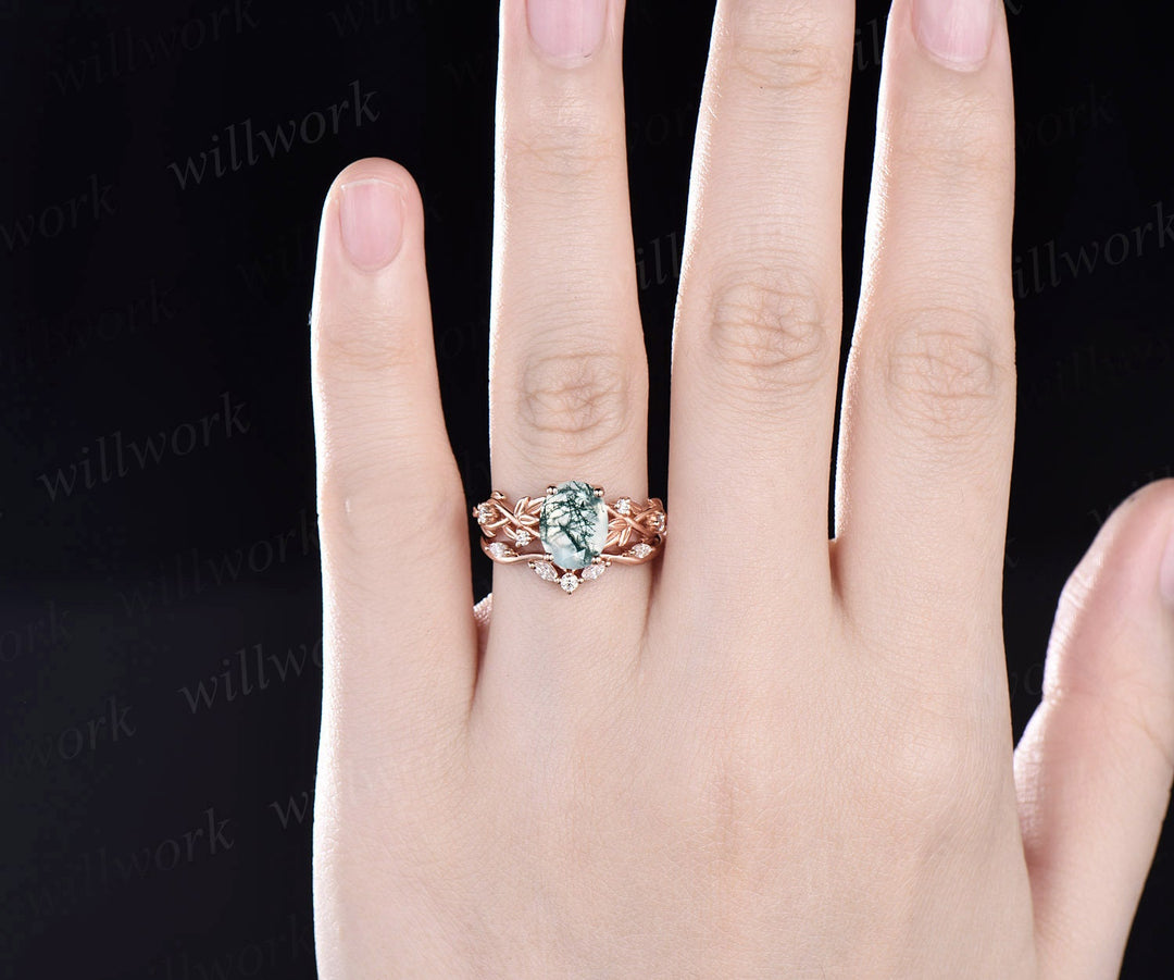 2ct Twig oval cut moss agate engagement ring set 14k rose gold five stone leaf branch Nature inspired ring diamond bridal ring set for women