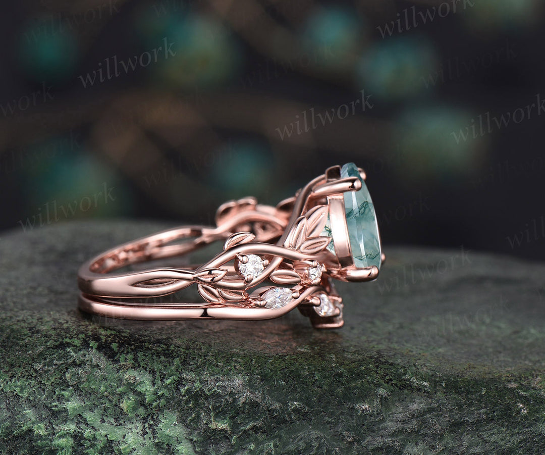 2ct Twig oval cut moss agate engagement ring set 14k rose gold five stone leaf branch Nature inspired ring diamond bridal ring set for women