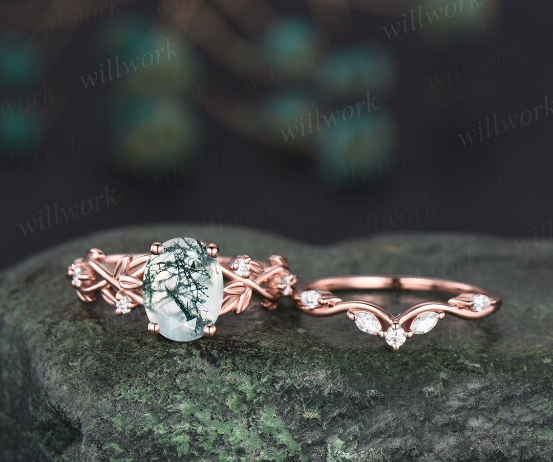 2ct Twig oval cut moss agate engagement ring set 14k rose gold five stone leaf branch Nature inspired ring diamond bridal ring set for women