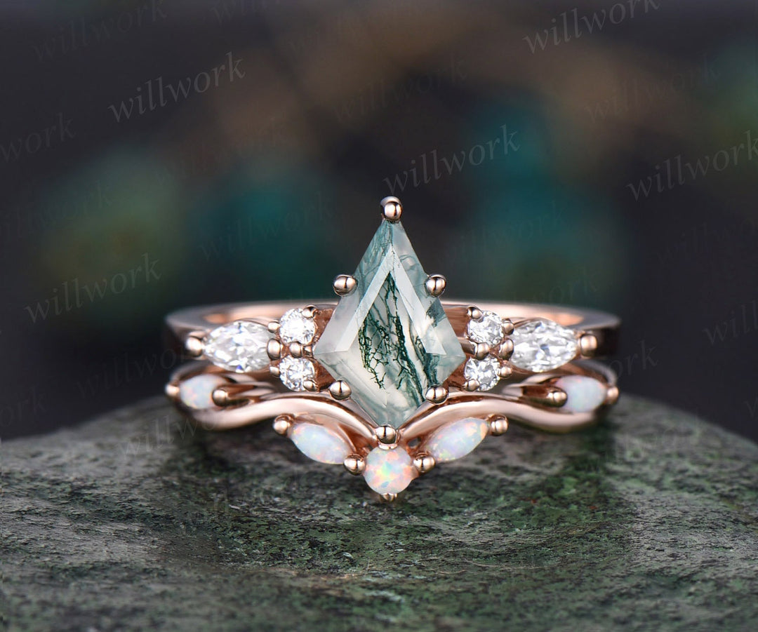 Kite cut green moss agate engagement ring 14k rose gold marquise cut ring diamond opal ring women unique anniversary ring set jewelry gift