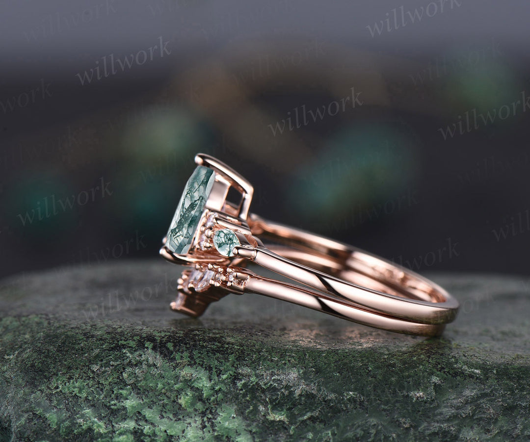 Vintage pear shaped green moss agate engagement ring set 14k rose gold art deco dainty diamond ring unique bridal wedding ring set women