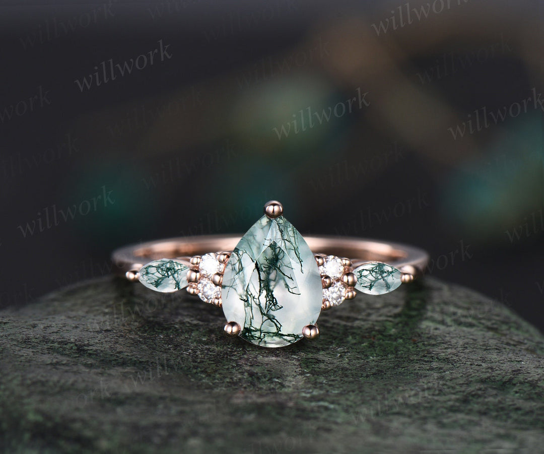 Vintage pear shaped green moss agate engagement ring set 14k rose gold art deco dainty diamond ring unique bridal wedding ring set women