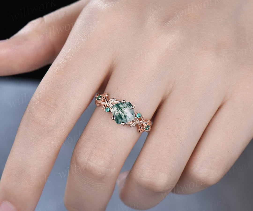 Twig cushion cut green moss agate engagement ring 14k rose gold five stone emerald ring vintage retro gemstone leaf wedding ring women gift