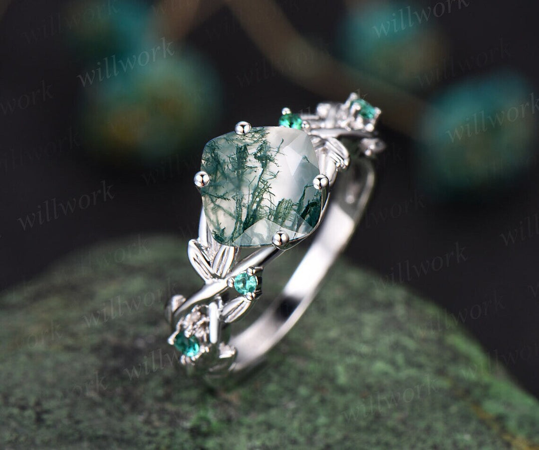 Twig cushion cut green moss agate engagement ring 14k white gold five stone emerald ring vintage retro gemstone leaf wedding ring women gift