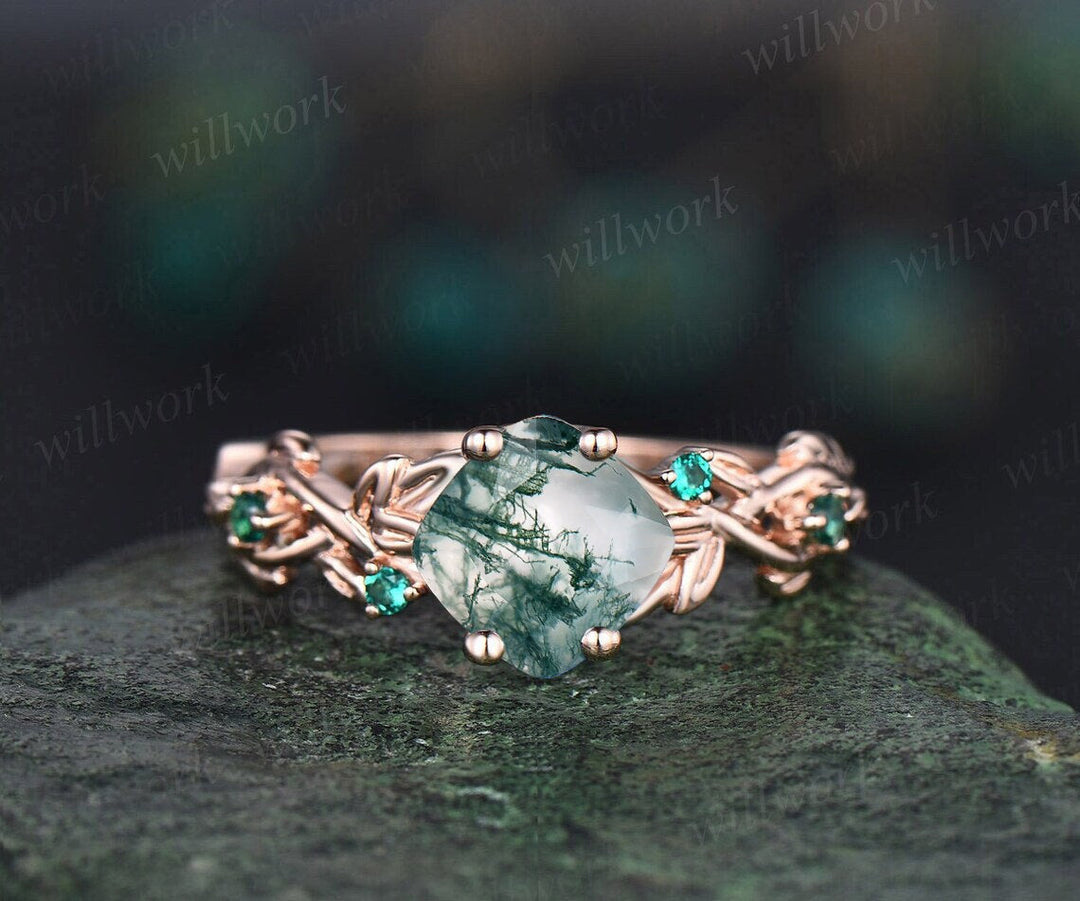 Twig cushion cut green moss agate engagement ring 14k white gold five stone emerald ring vintage retro gemstone leaf wedding ring women gift