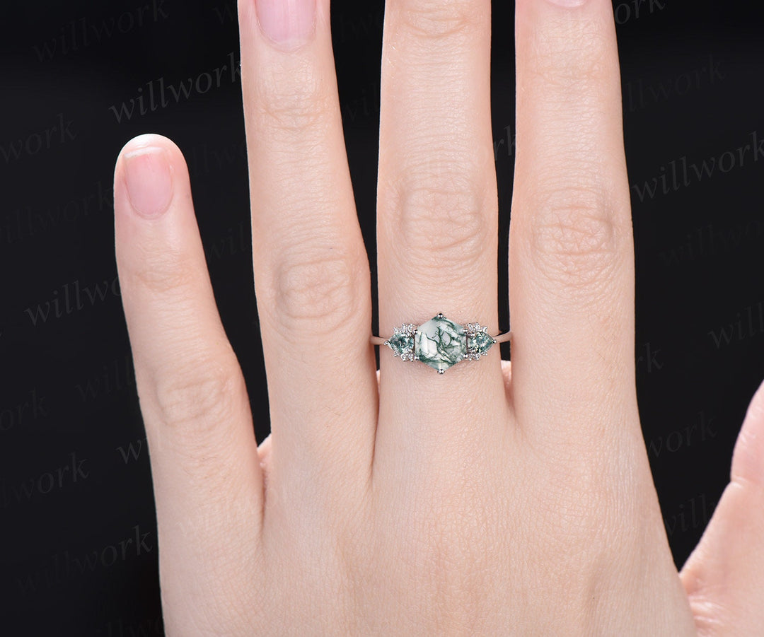 Hexagon pear green moss agate engagement ring solid 14k white gold Personalized retro cluster moissanite wedding bridal ring women