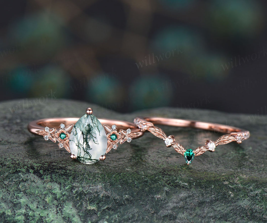 Vintage pear green moss agate engagement ring rose gold leaf flower emerald ring women unique cluster diamond bridal wedding ring set gift