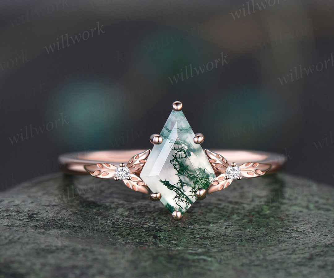 Kite cut moss agate ring vintage leaf diamond ring unique nature inspired engagement ring women rose gold wedding bridal ring set jewelry