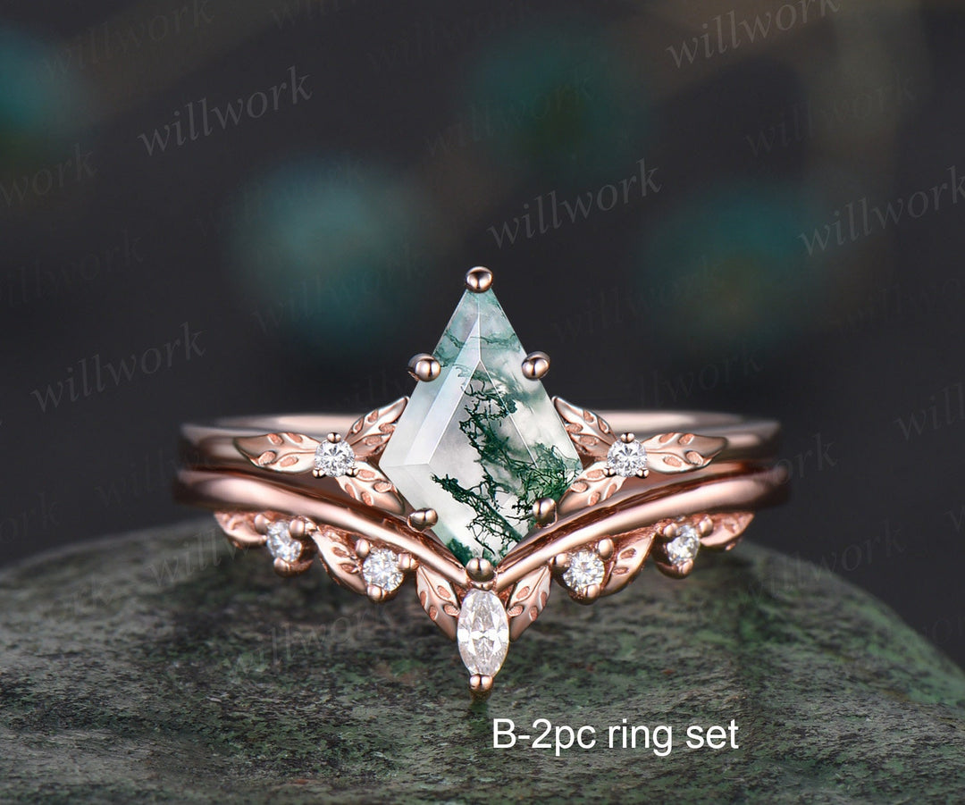 Kite cut moss agate ring vintage leaf diamond ring unique nature inspired engagement ring women rose gold wedding bridal ring set jewelry