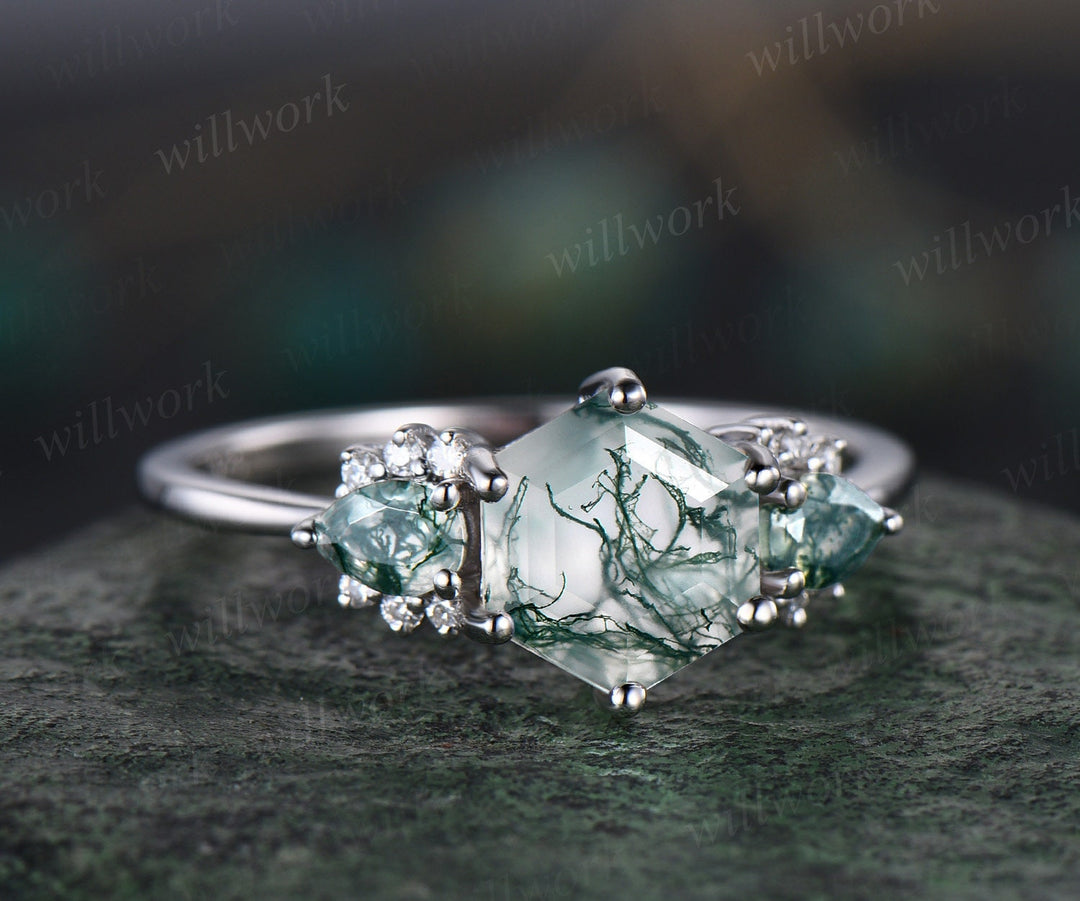 Hexagon pear green moss agate engagement ring solid 14k white gold Personalized retro cluster moissanite wedding bridal ring women