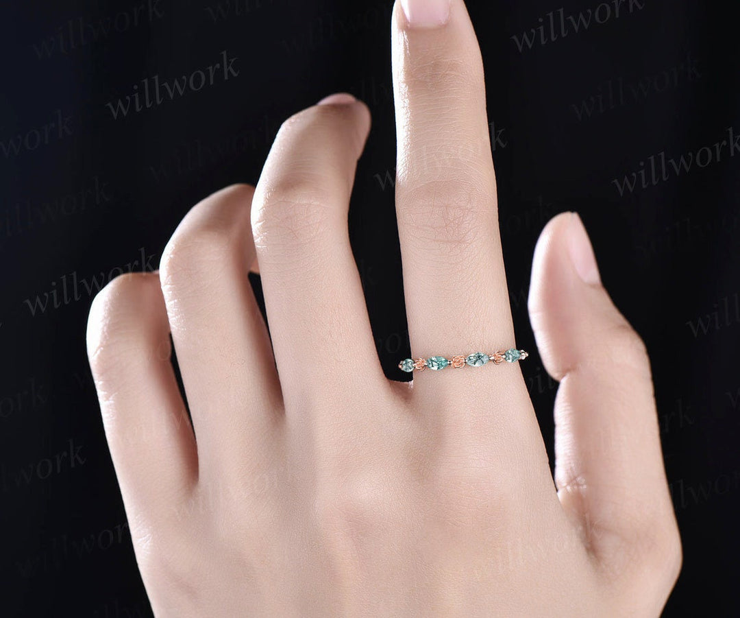 Floral marquise cut moss agate wedding band solid 14k rose gold vintage half eternity crystal ring women retro flower anniversary ring gift