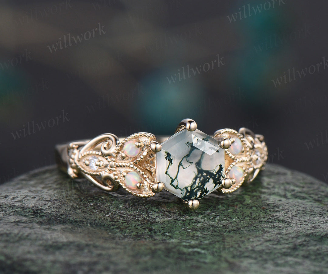 Hexagon moss agate ring vintage leaf opal ring 14k yellow gold unique butterfly engagement ring women Milgrain moissanite wedding ring gift