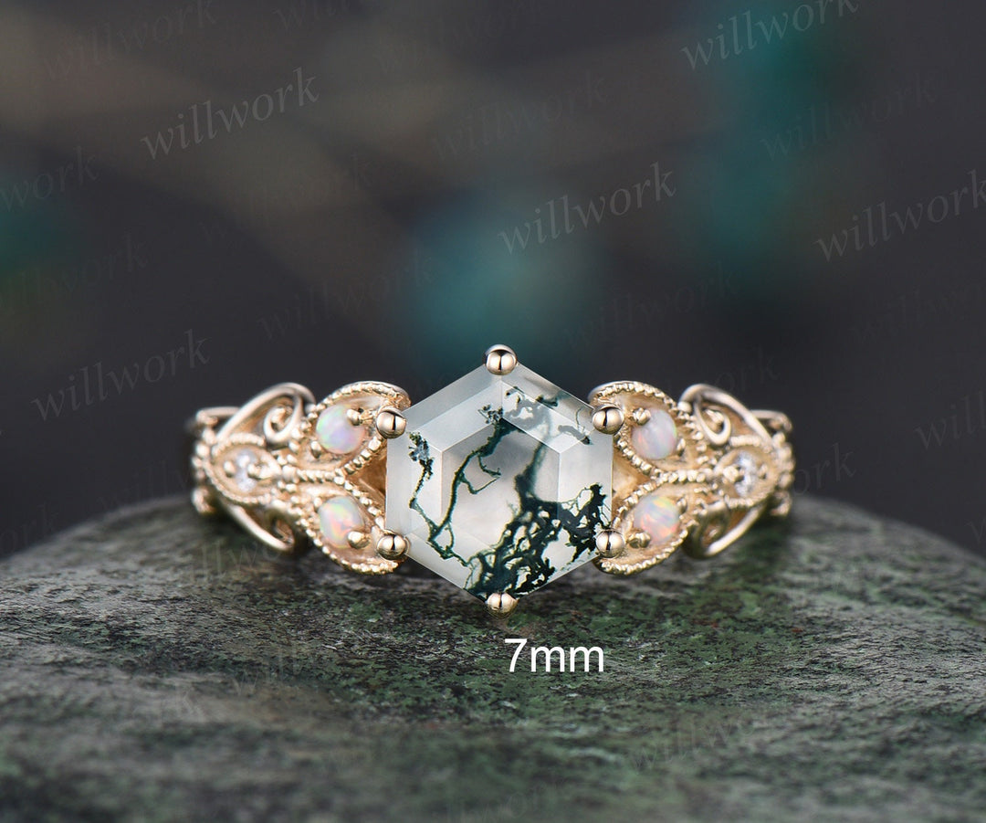 Hexagon moss agate ring vintage leaf opal ring 14k yellow gold unique butterfly engagement ring women Milgrain moissanite wedding ring gift