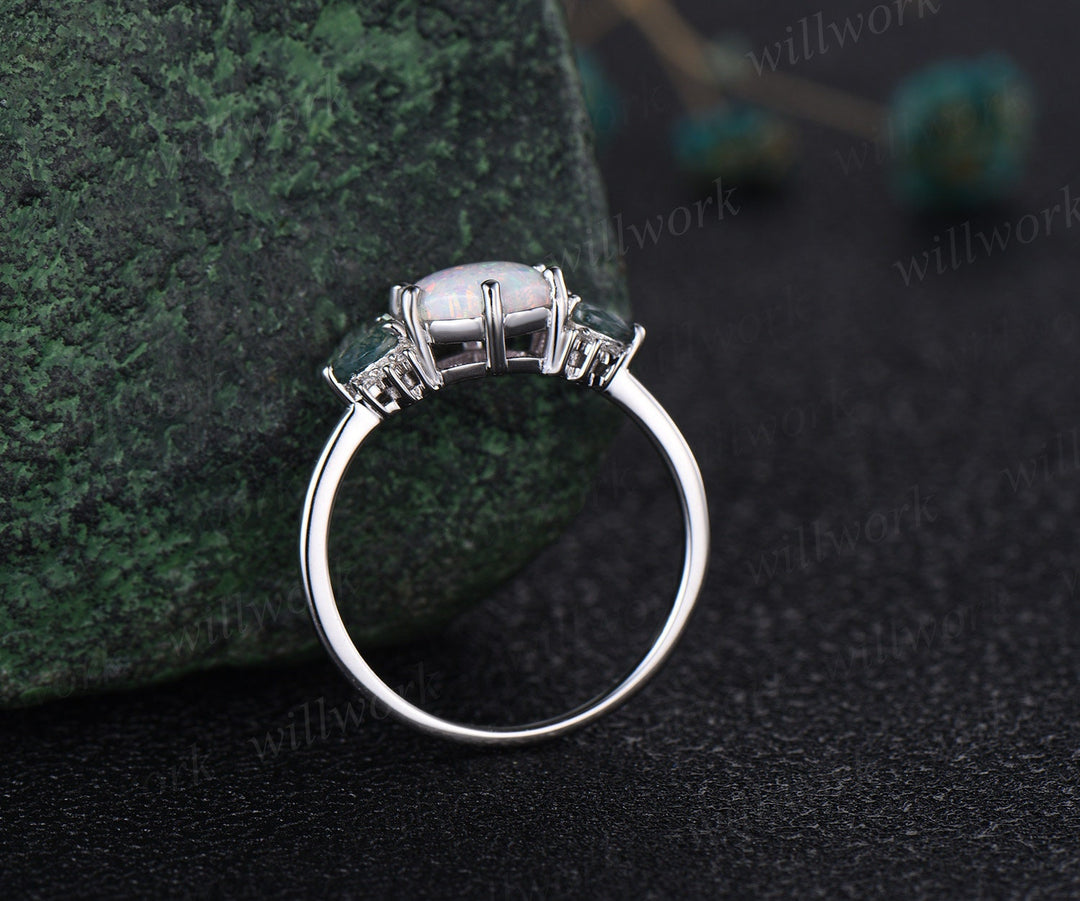 Hexagon white opal ring vintage pear moss agate ring 14k white gold 6 prong unique engagement ring women dainty anniversary ring gift