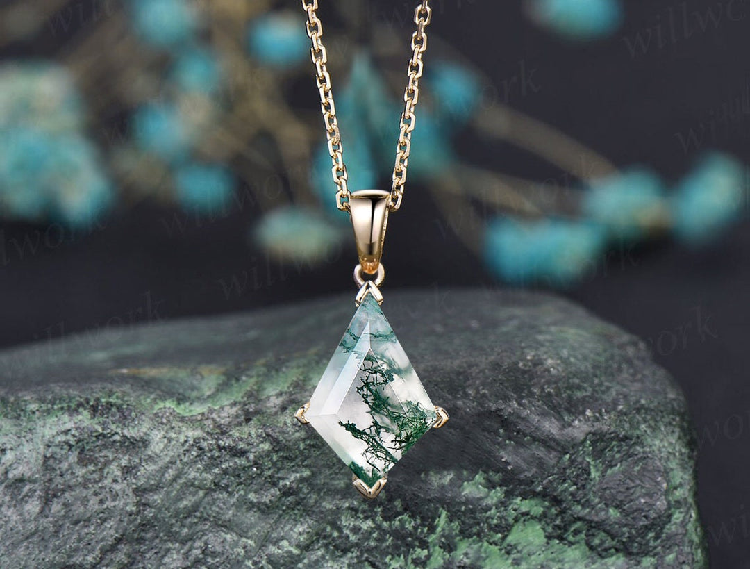 Kite natural moss agate necklace solid 14k 18k white gold vintage unique Personalized pendant for women her anniversary bridal gift mother