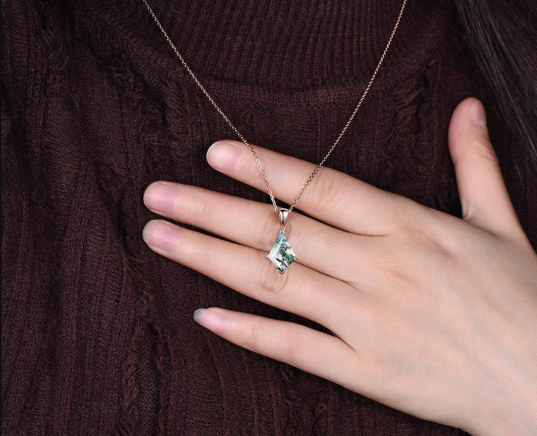 Kite natural moss agate necklace solid 14k 18k white gold vintage unique Personalized pendant for women her anniversary bridal gift mother