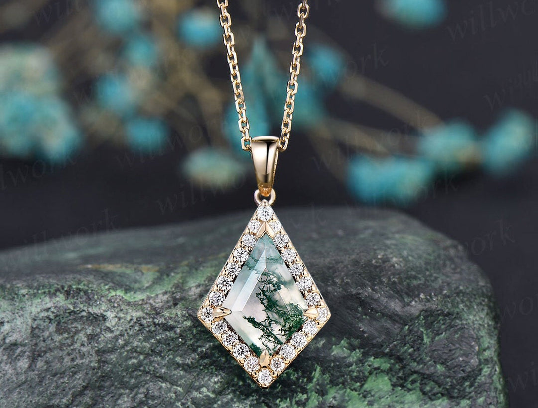 Vintage kite natural moss agate necklace solid 14k 18k rose gold halo diamond pendant women dainty unique anniversary gift mother jewelry