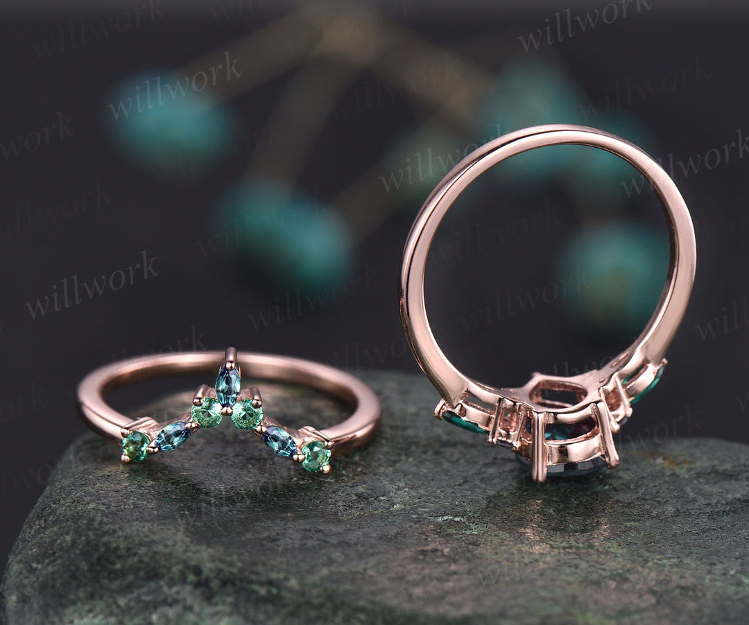 Vintage pear moss agate engagement ring 14k rose gold marquise alexandrite ring green gemstone ring art deco unique wedding ring set women