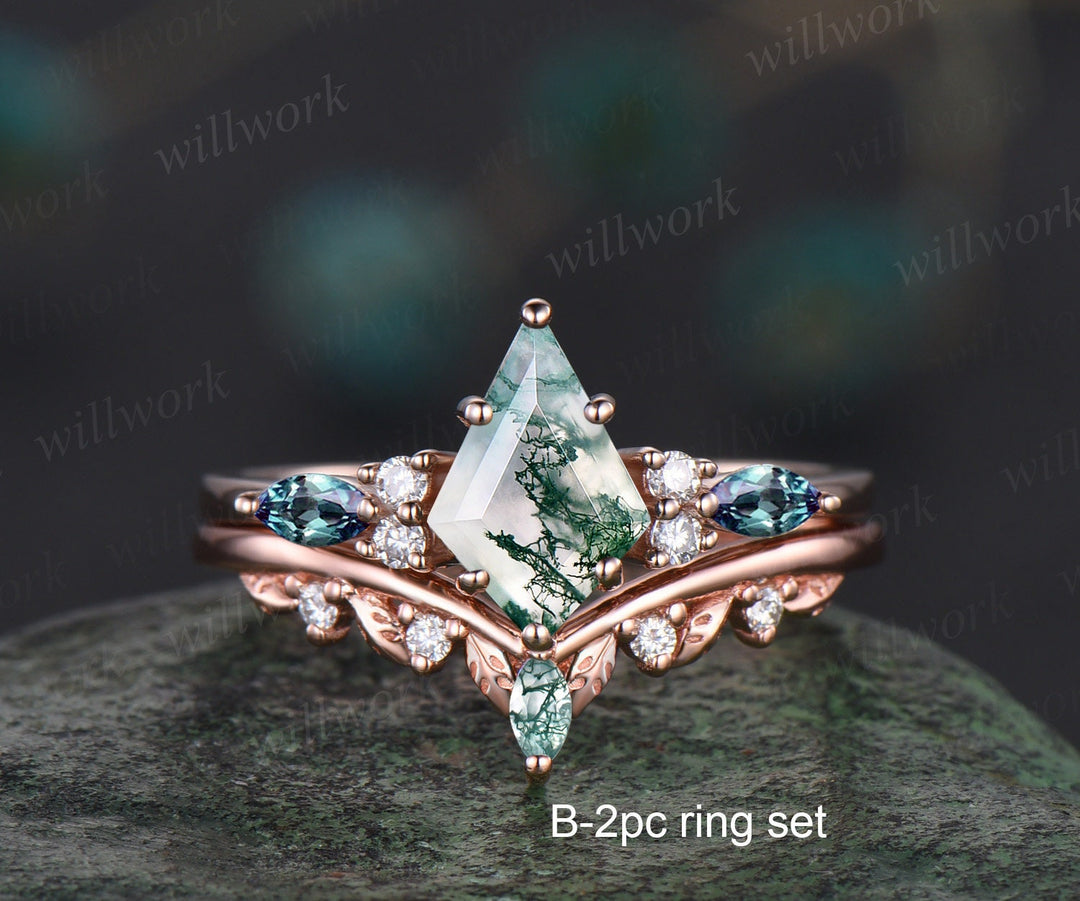 Vintage kite natural moss agate engagement ring art deco alexandrite ring rose gold leaf nature inspired moissanite wedding ring band women