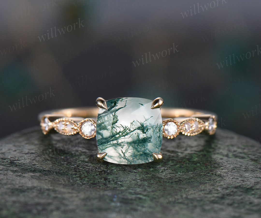 Cushion cut moss agate ring gold vintage green moss agate engagement ring yellow gold art deco unique moissanite wedding promise ring set