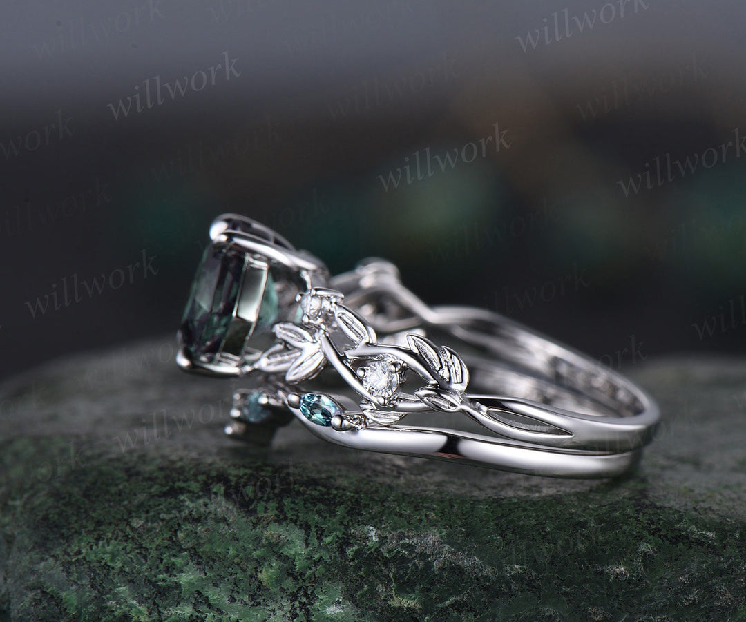 Princess cut green moss agate engagement ring 14k white gold five stone leaf branch Nature inspired alexandrite bridal ring set women gift