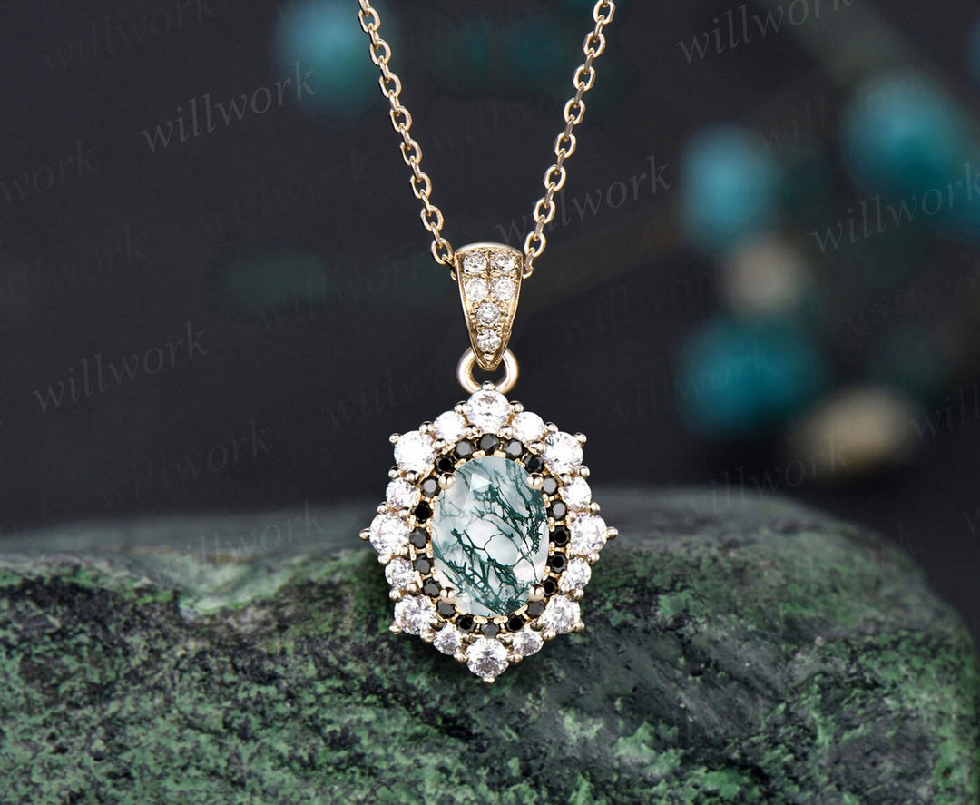 Oval cut green moss agate necklace halo black diamond pendant for women solid 14k rose gold antique jewelry promise anniversary gift