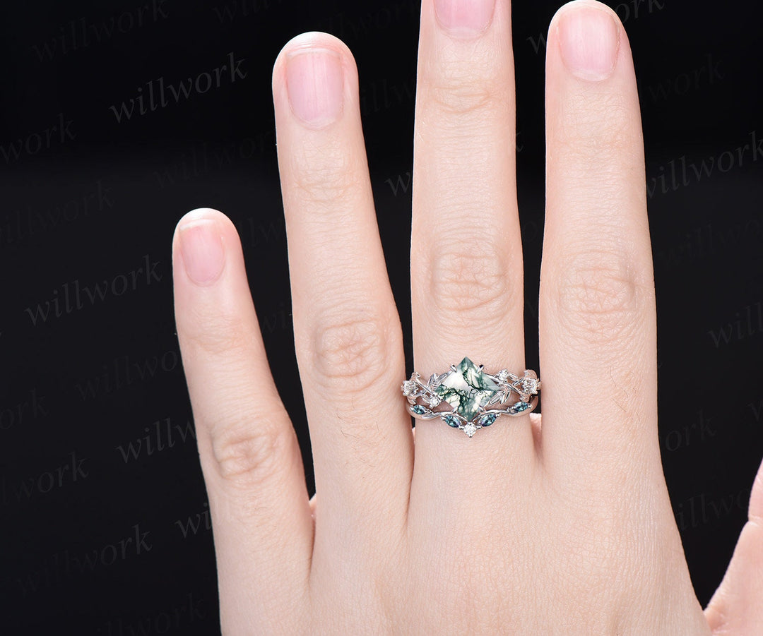 Princess cut green moss agate engagement ring 14k white gold five stone leaf branch Nature inspired alexandrite bridal ring set women gift