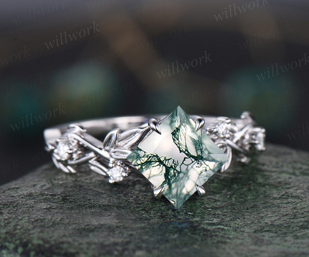 Princess cut green moss agate engagement ring 14k white gold five stone leaf branch Nature inspired alexandrite bridal ring set women gift