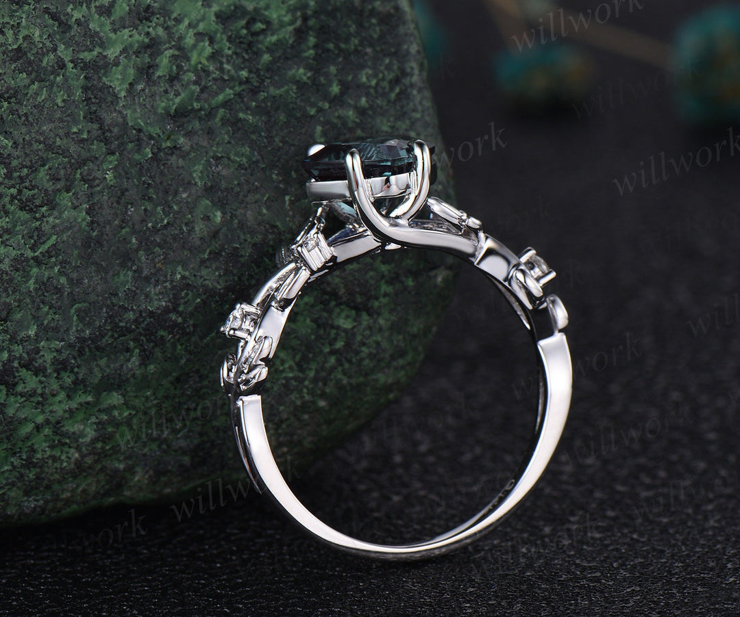 Princess cut green moss agate engagement ring 14k white gold five stone leaf branch Nature inspired alexandrite bridal ring set women gift